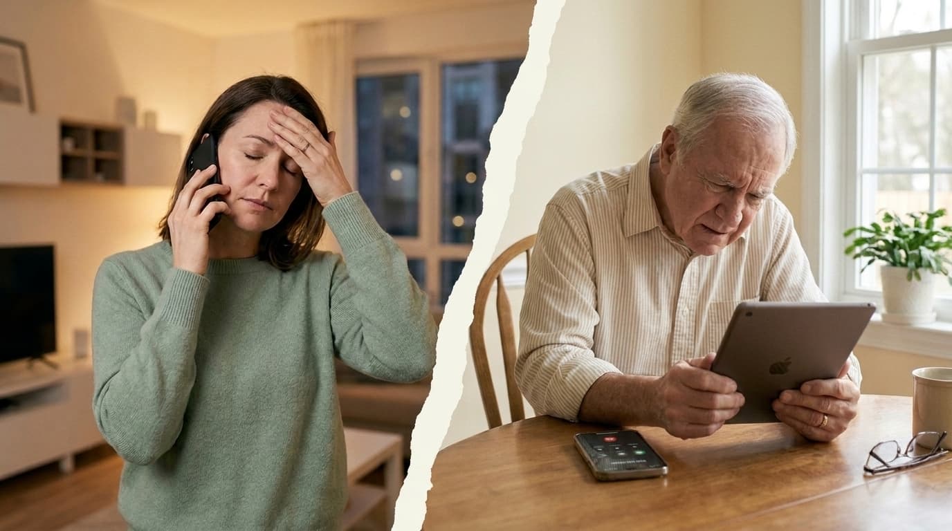 An adult on the phone, rubbing their forehead, while their parent at home tries to follow along on an iPad with the phone on speaker.