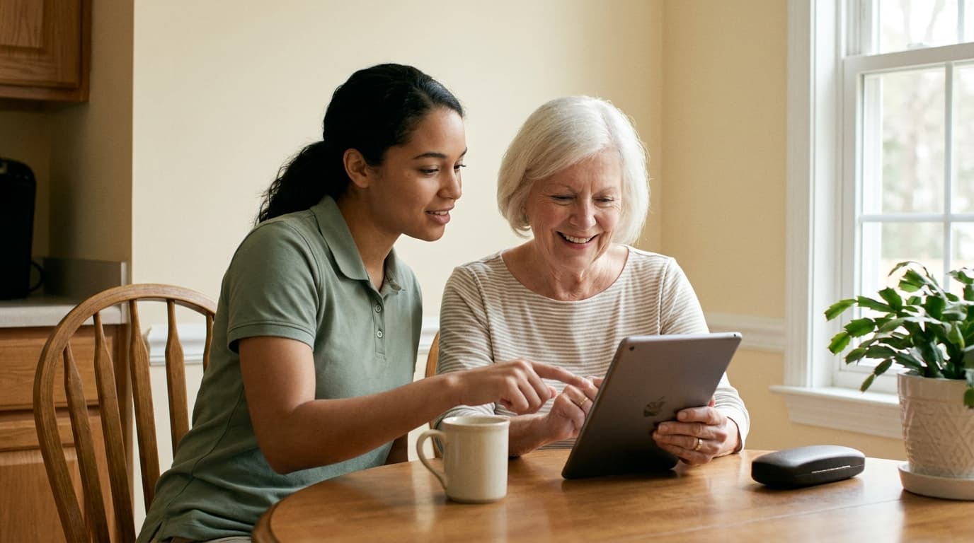 A Helper and an older woman sitting side by side at a kitchen table, looking at a tablet together.